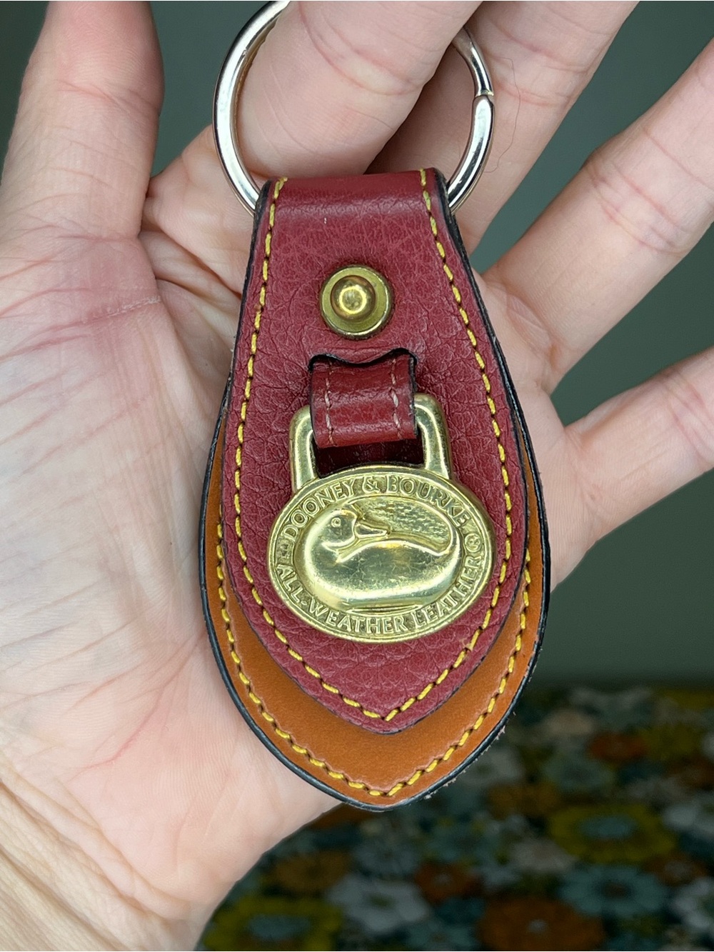 Dooney & Bourke Burgundy and Tan Leather Key Ring with Gold Hardware